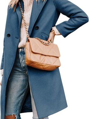 Women's Blue Casual Mid Length tailored Notch Lapel Double-Breasted Peacoat